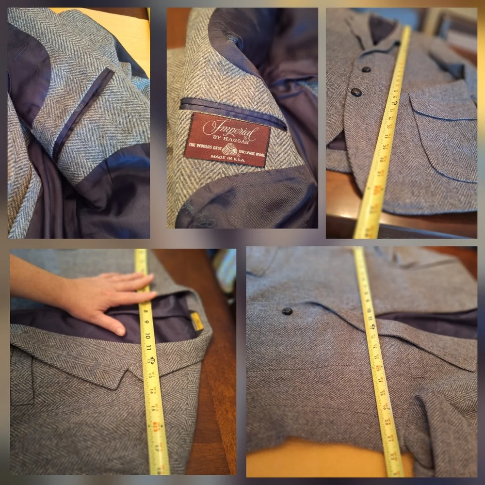 Vintage Gray Wool Herringbone Suit Coat Blazer with Elbow Patches 44 L